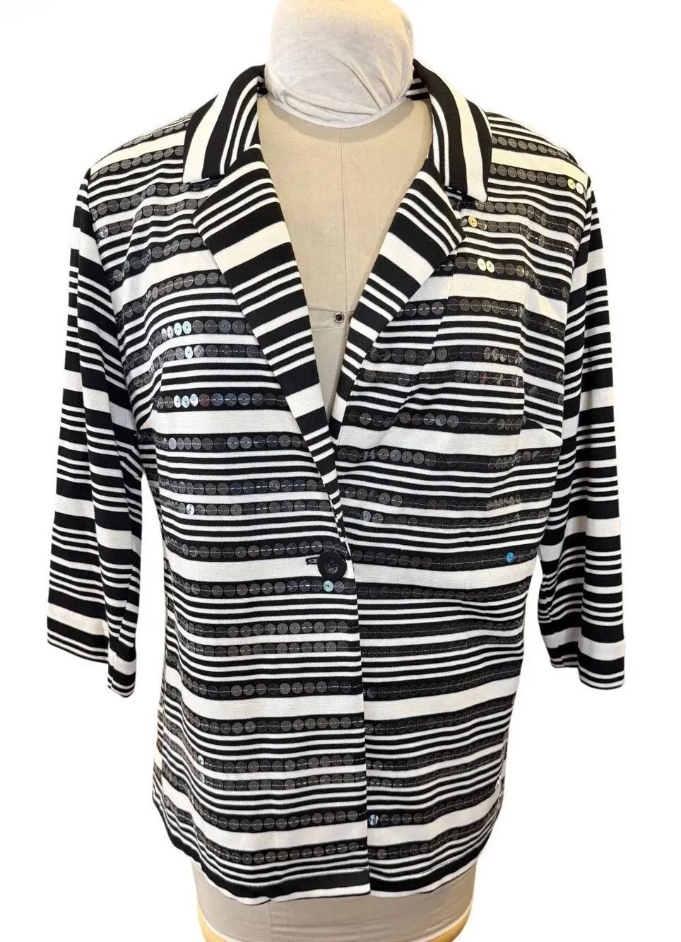 Peck & Peck 3/4 Sleeve Black/Off-White Striped Sequin Stretch Knit Blazer XL